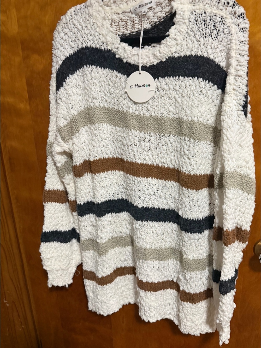 MACARON White Striped Crewneck Sweater with Black, Brown, and Taupe Stripes